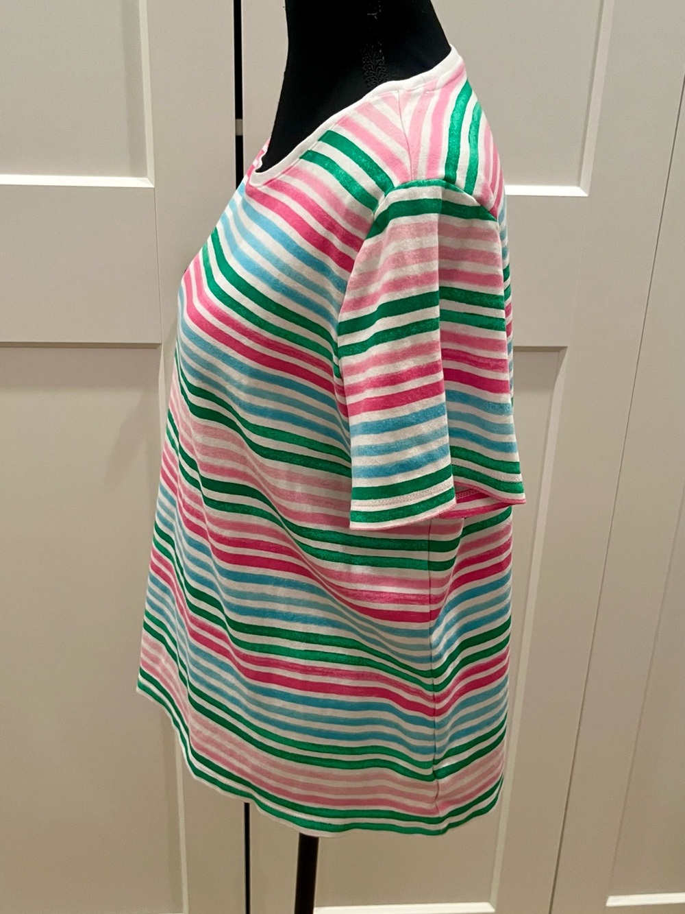 Kim Rogers Striped Short-Sleeve Crewneck Tee in Pink, Green & Blue Casual Cotton - Picture 3 of 6